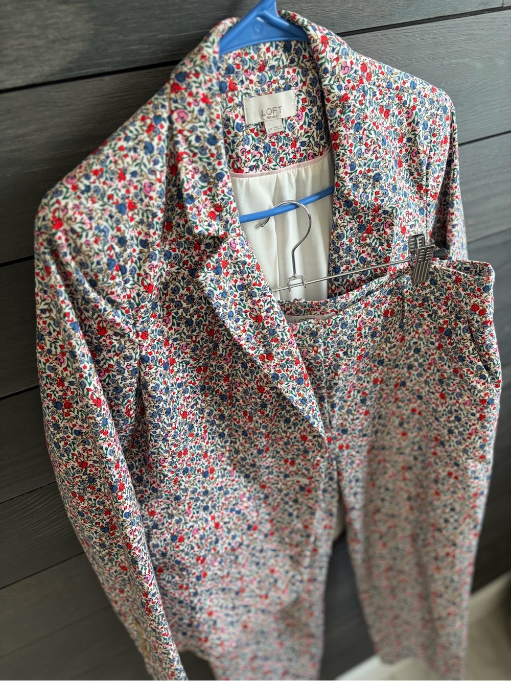 LOFT Floral-Print Pantsuit in Red, Blue & Cream